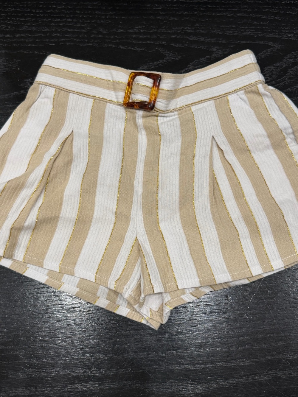 Janie and Jack Beige & White Striped High-Rise Shorts with Tortoiseshell Buckle